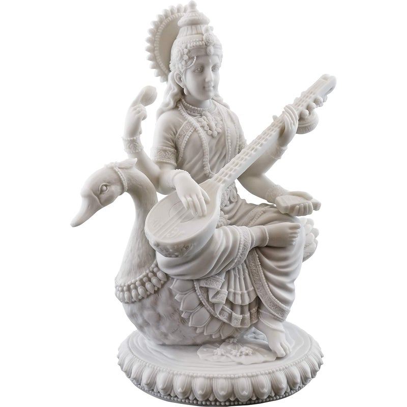 Top Collection 8" H 7" W Saraswati on Swan Statue in White Marble Finish - Hindu Goddess of Knowledge Sculpture - Image 4